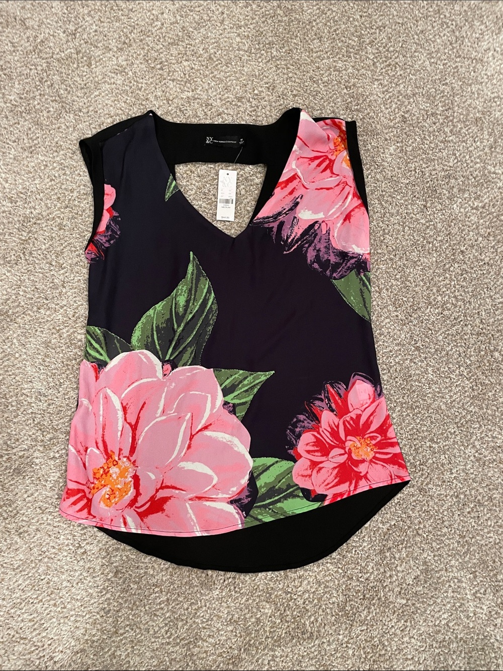 New York & Company Black Camisole with Pink Floral Motif